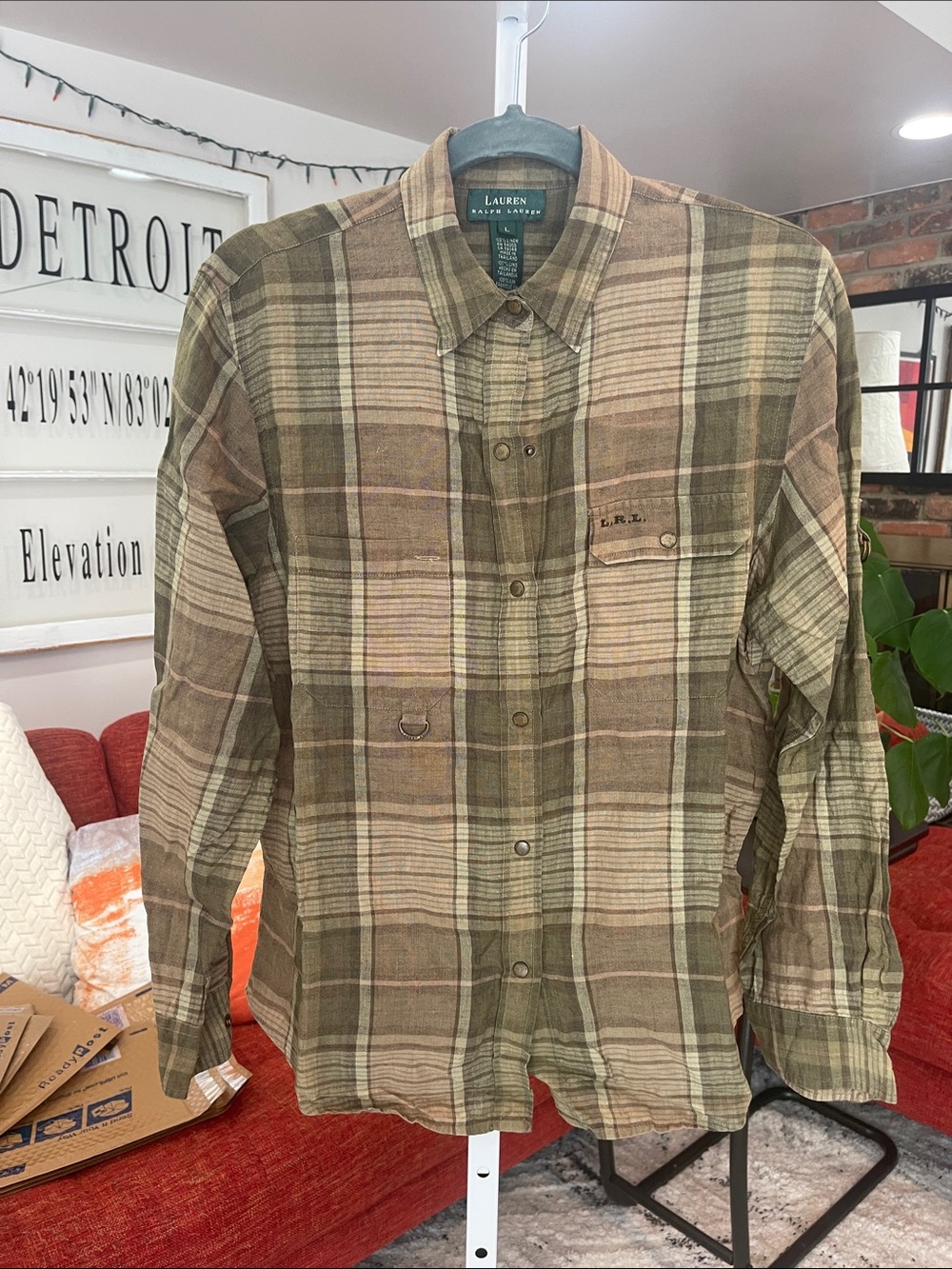 Lauren Ralph Lauren Green and Tan Plaid Button-Down Shirt